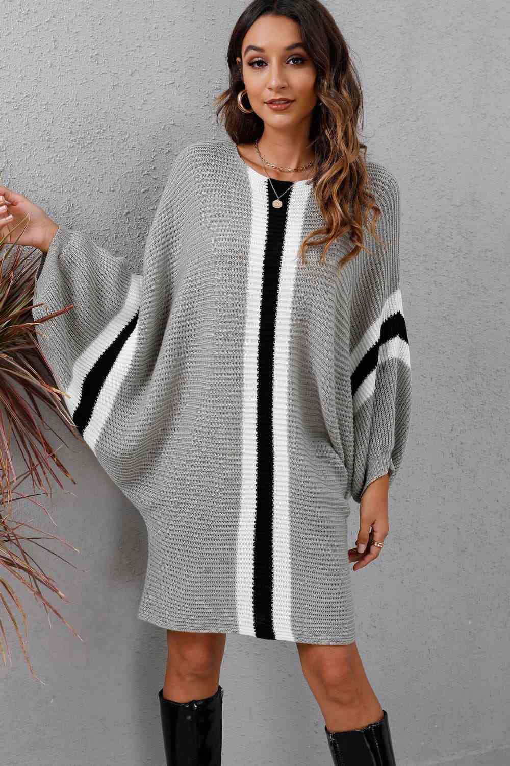 Ribbed Round Neck Long Sleeve Sweater Dress - Sweater Dress - Light Gray - Bella Bourget