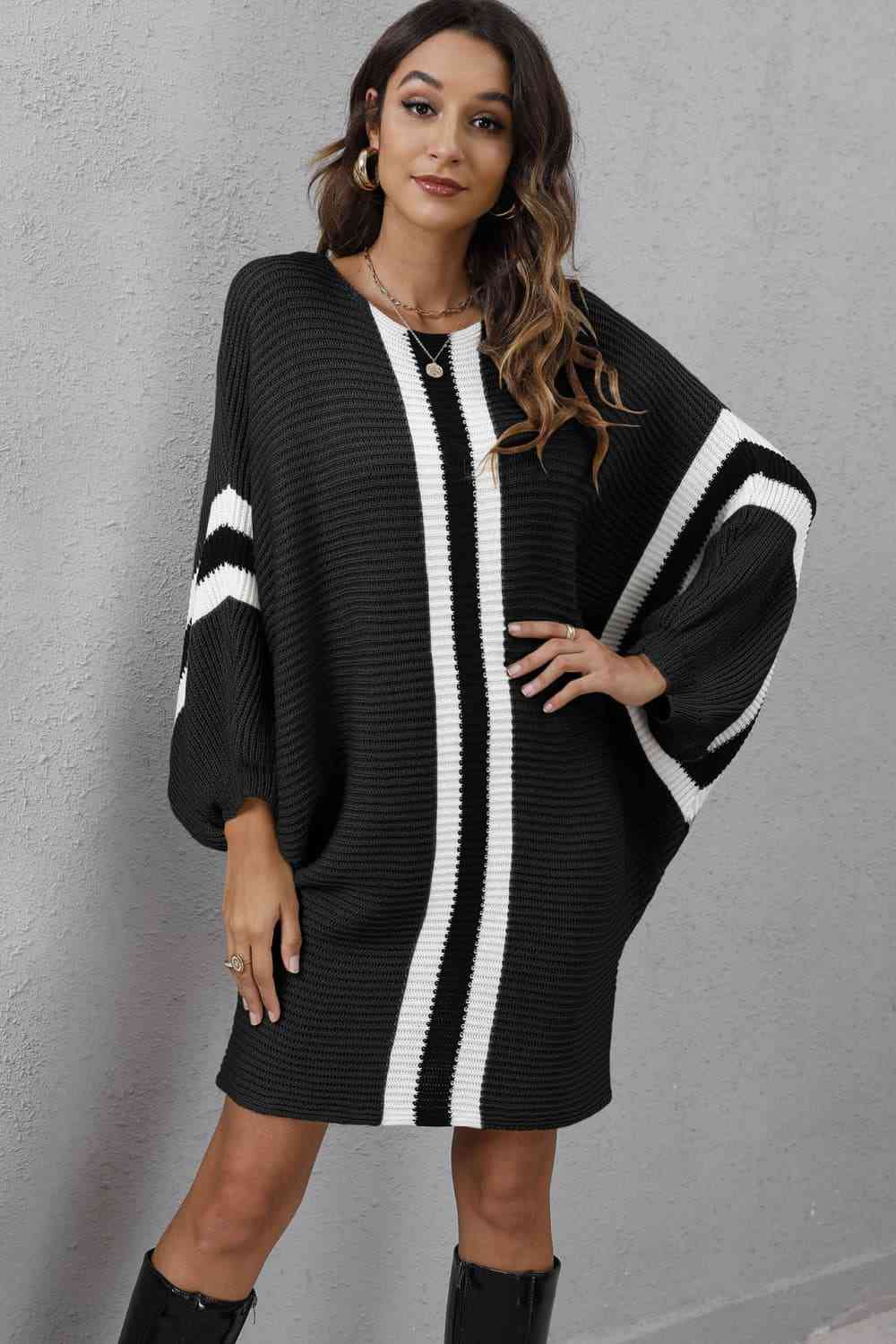 Ribbed Round Neck Long Sleeve Sweater Dress - Sweater Dress - Black - Bella Bourget