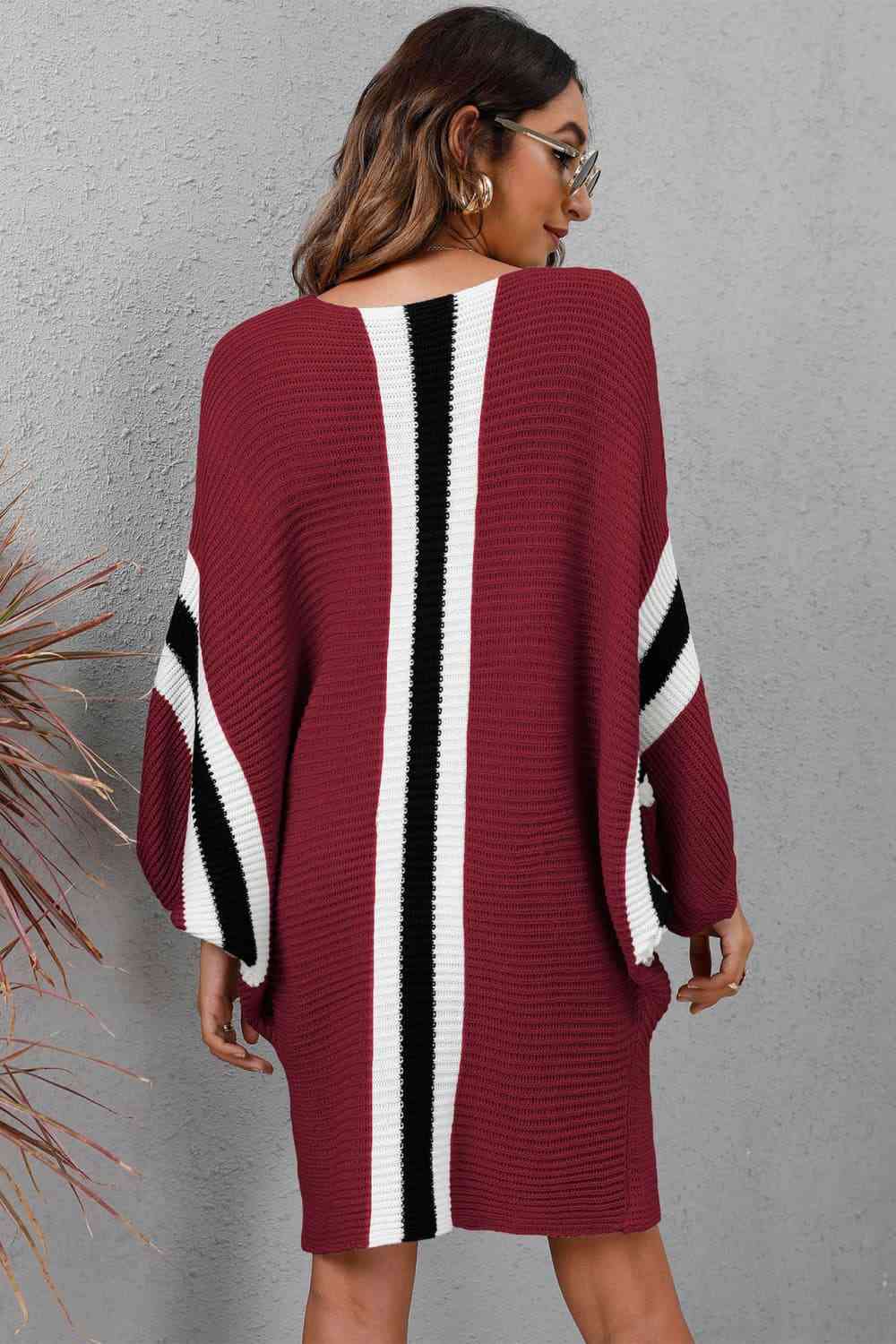 Ribbed Round Neck Long Sleeve Sweater Dress - Sweater Dress - Wine - Bella Bourget