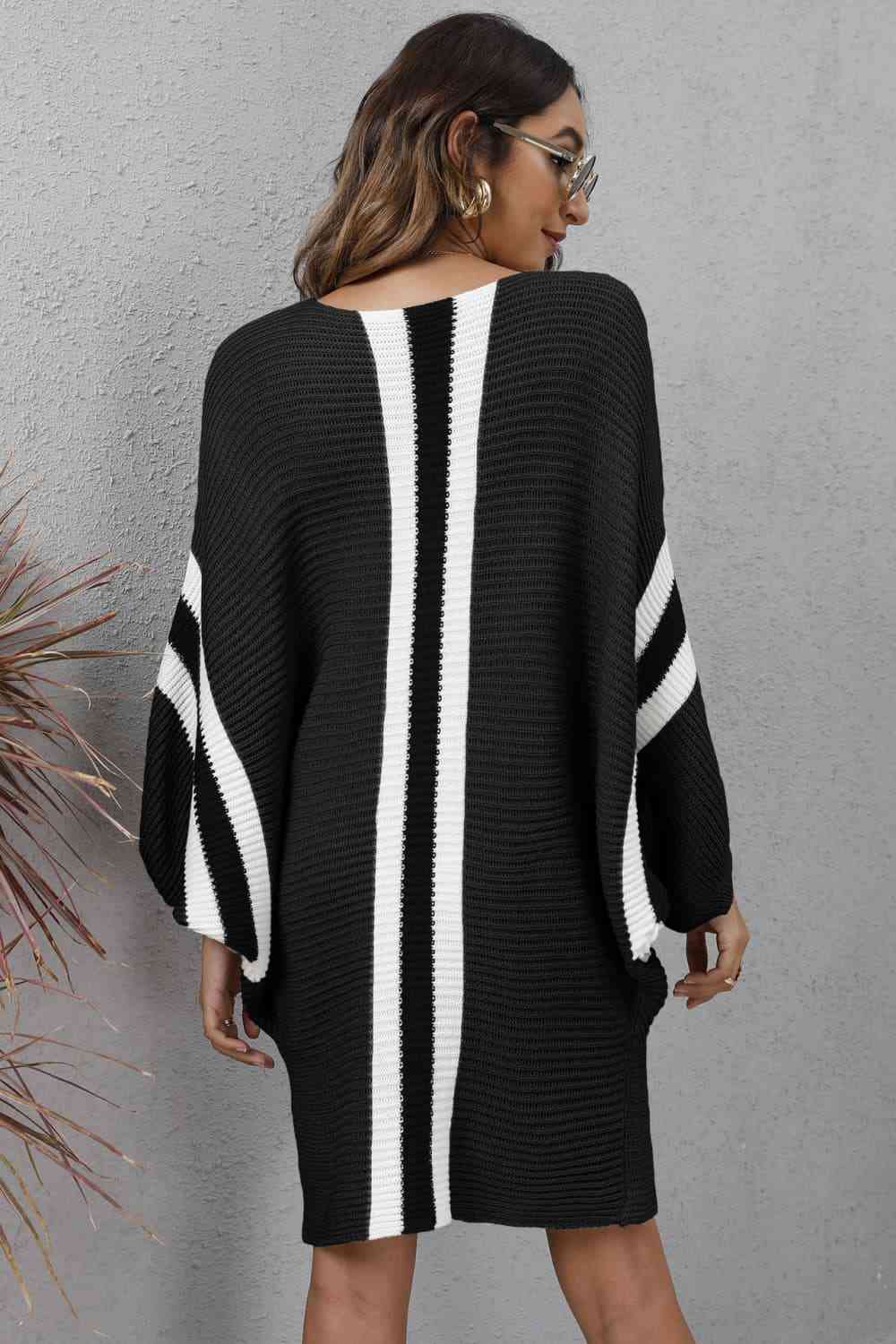 Ribbed Round Neck Long Sleeve Sweater Dress - Sweater Dress - Black - Bella Bourget