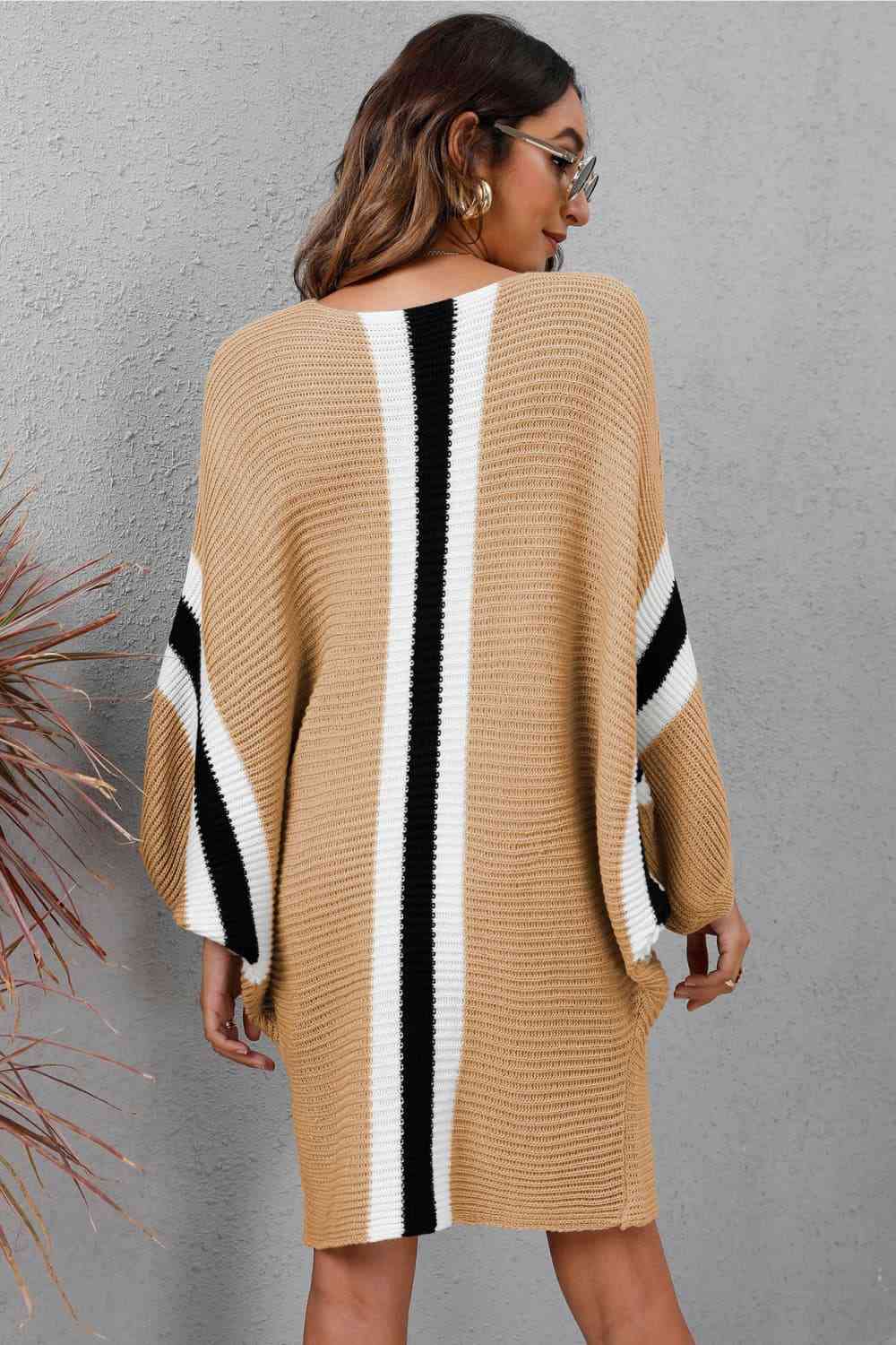 Ribbed Round Neck Long Sleeve Sweater Dress - Sweater Dress - Tan - Bella Bourget