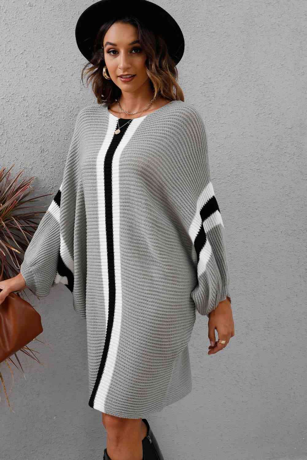 Ribbed Round Neck Long Sleeve Sweater Dress - Sweater Dress - Light Gray - Bella Bourget