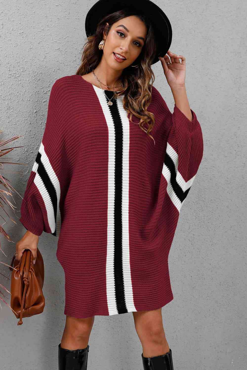 Ribbed Round Neck Long Sleeve Sweater Dress - Sweater Dress - Wine - Bella Bourget