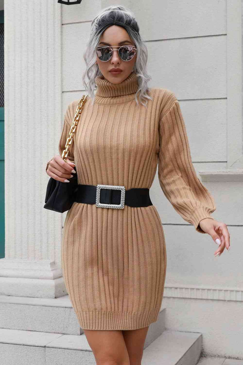 Ribbed Turtle Neck Long Sleeve Mini Sweater Dress - Sweater Dress - Camel - Bella Bourget