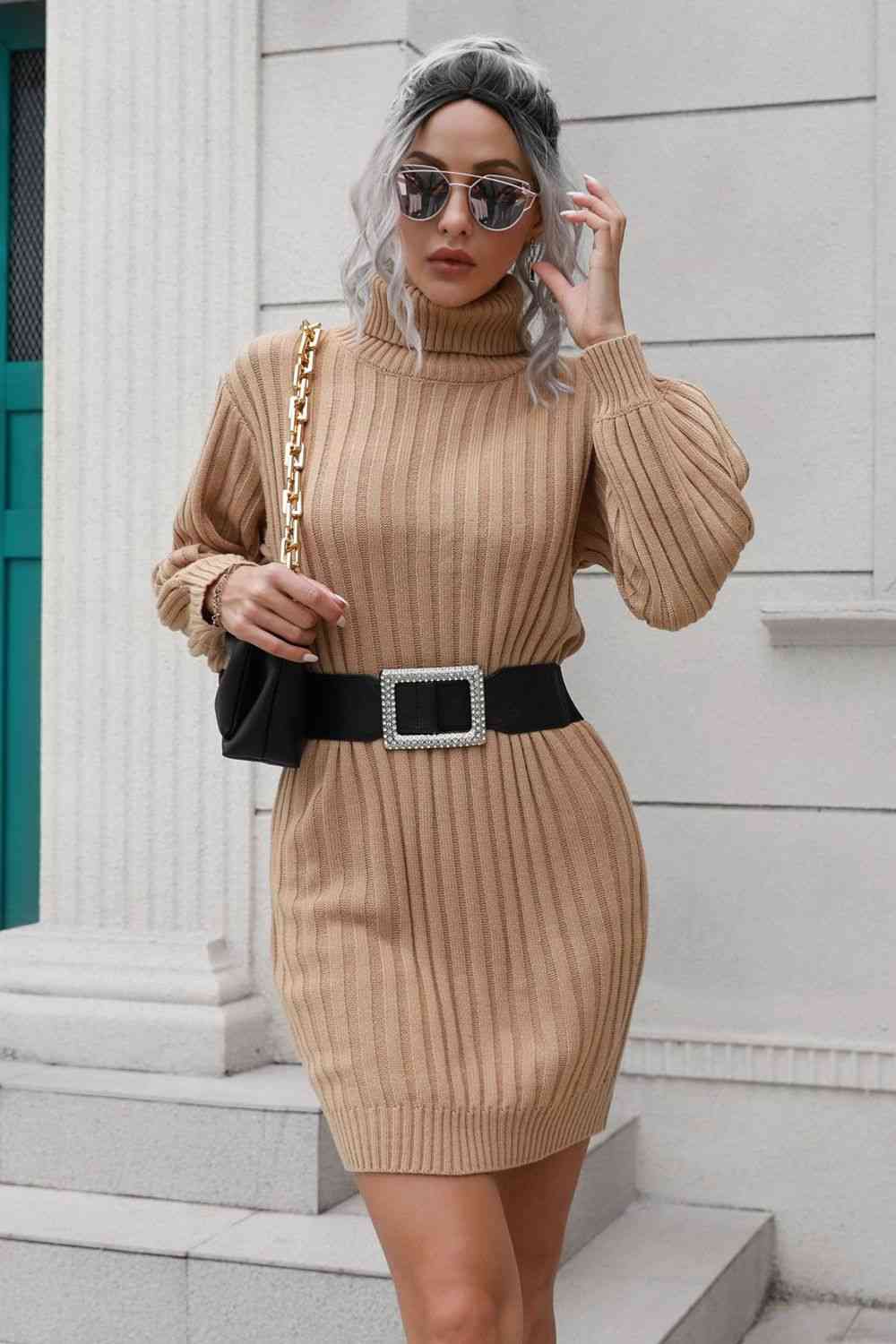 Ribbed Turtle Neck Long Sleeve Mini Sweater Dress - Sweater Dress - Camel - Bella Bourget