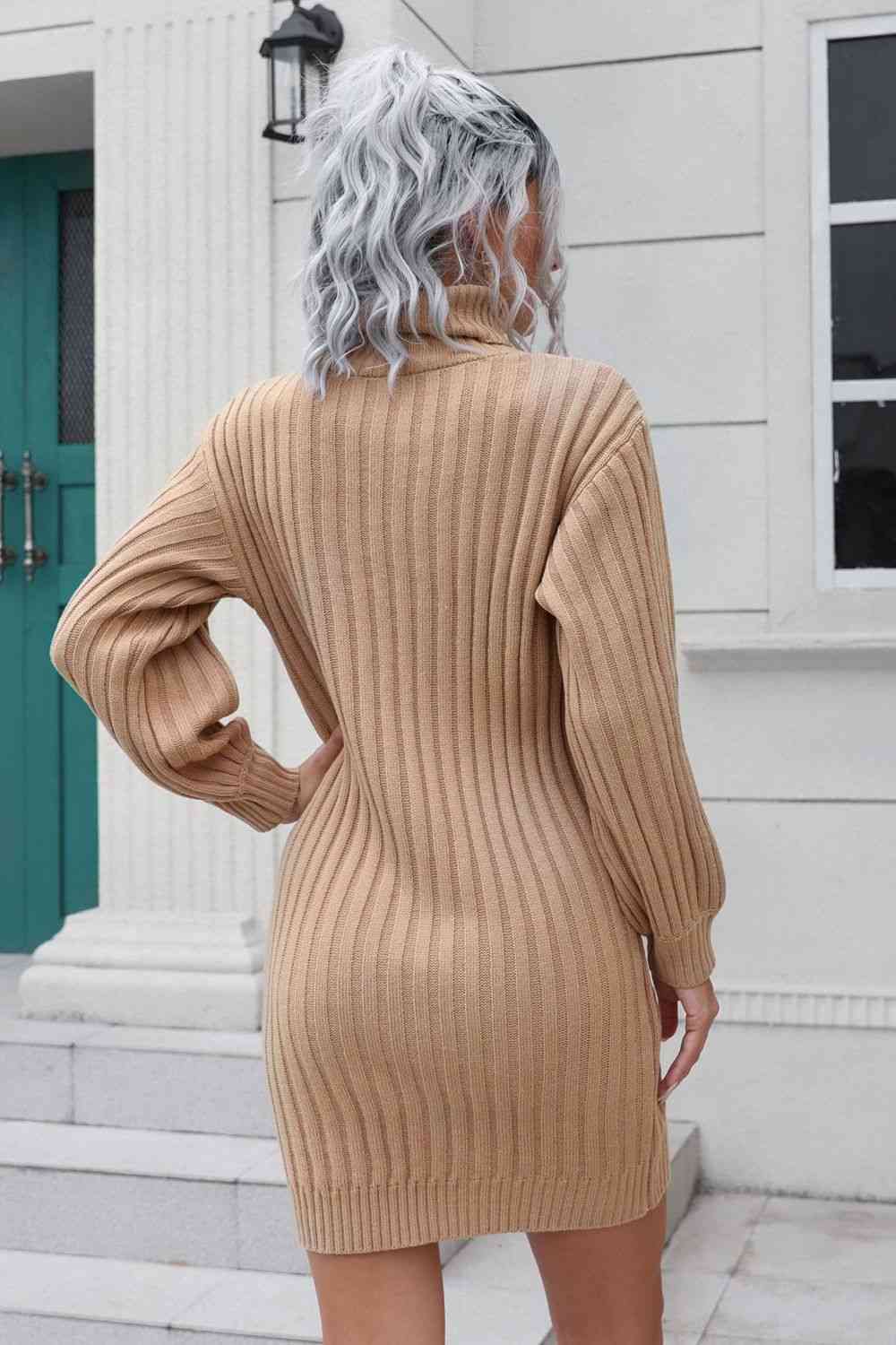 Ribbed Turtle Neck Long Sleeve Mini Sweater Dress - Sweater Dress - Camel - Bella Bourget