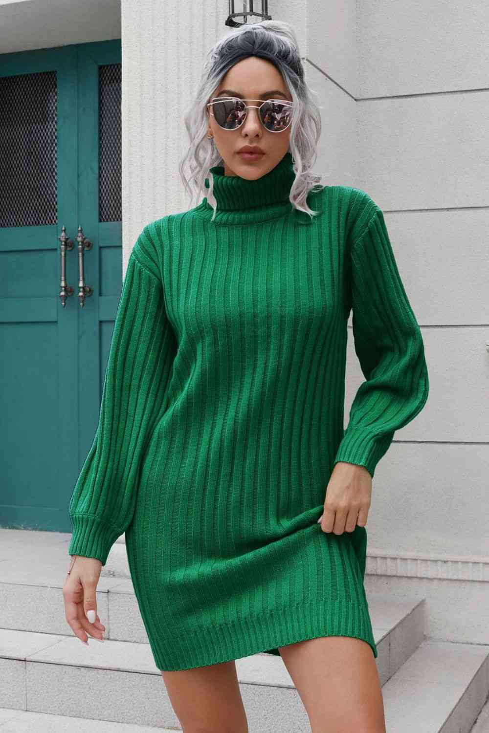 Ribbed Turtle Neck Long Sleeve Mini Sweater Dress - Sweater Dress - Green - Bella Bourget