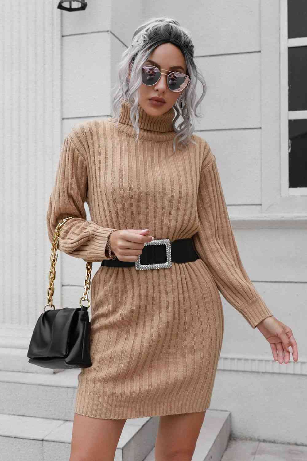 Ribbed Turtle Neck Long Sleeve Mini Sweater Dress - Sweater Dress - Camel - Bella Bourget