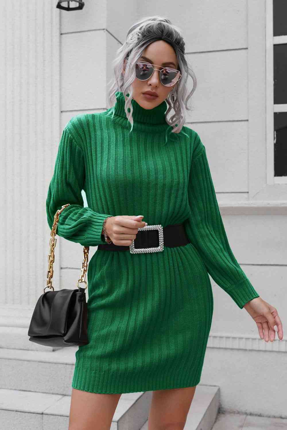 Ribbed Turtle Neck Long Sleeve Mini Sweater Dress - Sweater Dress - Green - Bella Bourget