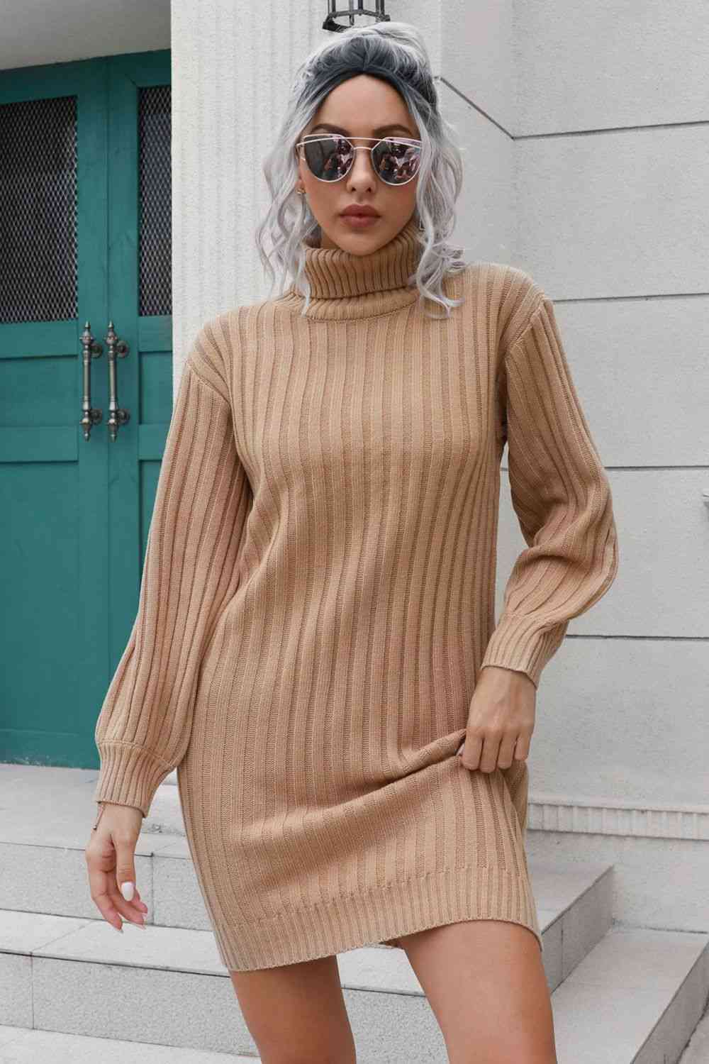 Ribbed Turtle Neck Long Sleeve Mini Sweater Dress - Sweater Dress - Camel - Bella Bourget