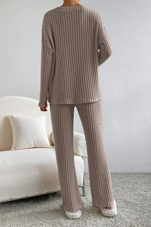 Ribbed V - Neck Top and Pants Set - Loungewear Set - Camel - Bella Bourget