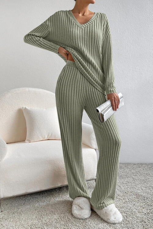 Ribbed V - Neck Top and Pants Set - Loungewear Set - Sage - Bella Bourget