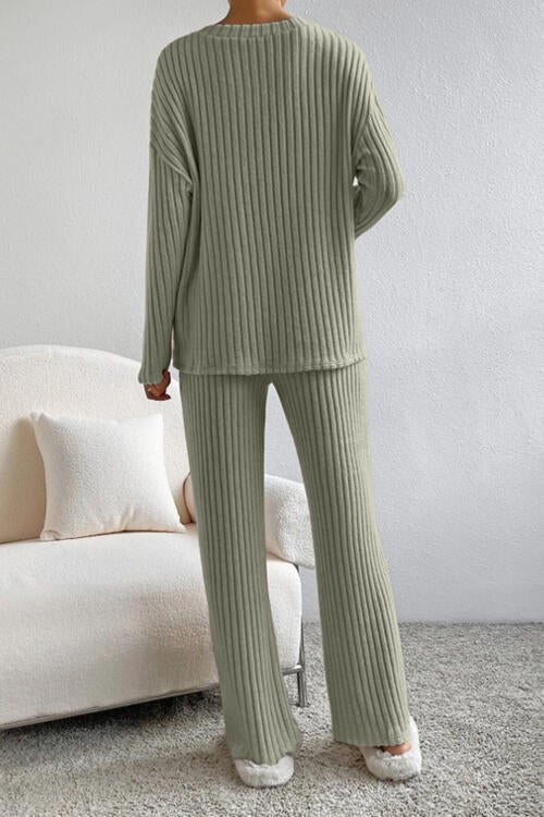 Ribbed V - Neck Top and Pants Set - Loungewear Set - Sage - Bella Bourget