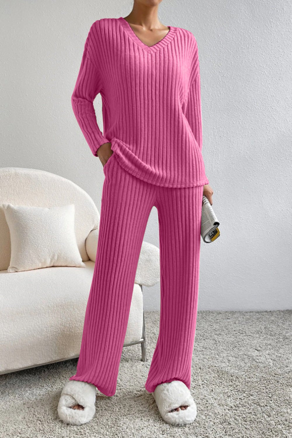 Ribbed V - Neck Top and Pants Set - Loungewear Set - Hot Pink - Bella Bourget