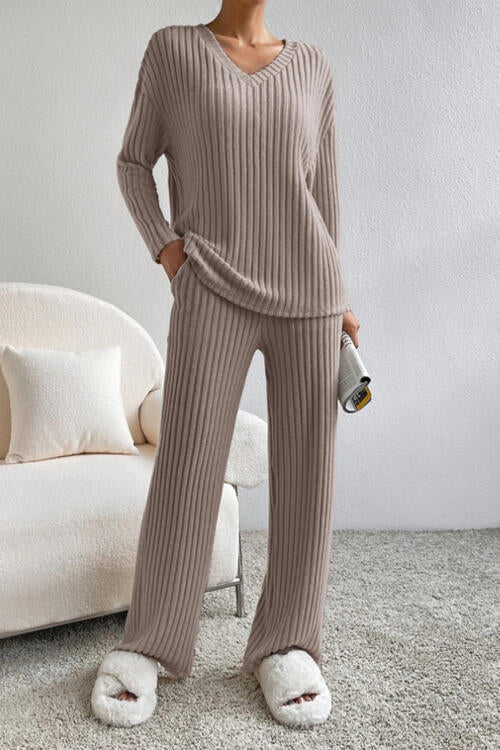 Ribbed V - Neck Top and Pants Set - Loungewear Set - Camel - Bella Bourget