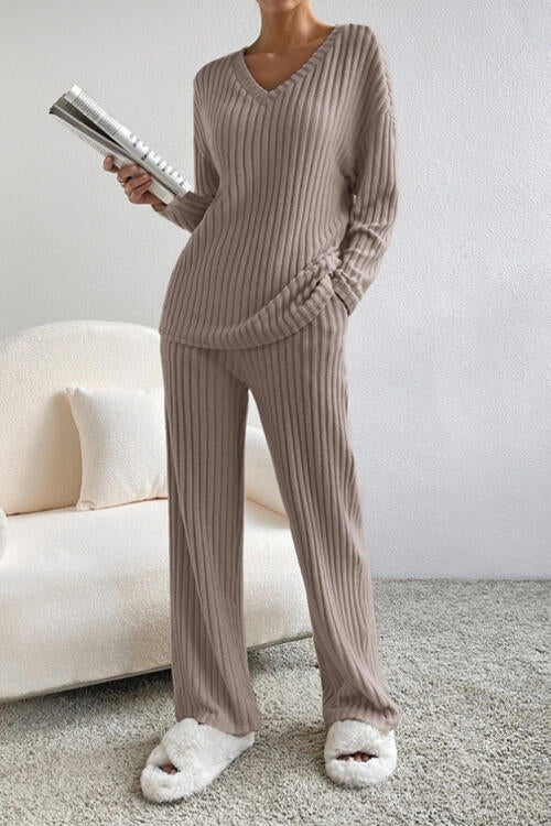 Ribbed V - Neck Top and Pants Set - Loungewear Set - Camel - Bella Bourget