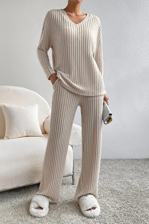 Ribbed V - Neck Top and Pants Set - Loungewear Set - Dust Storm - Bella Bourget