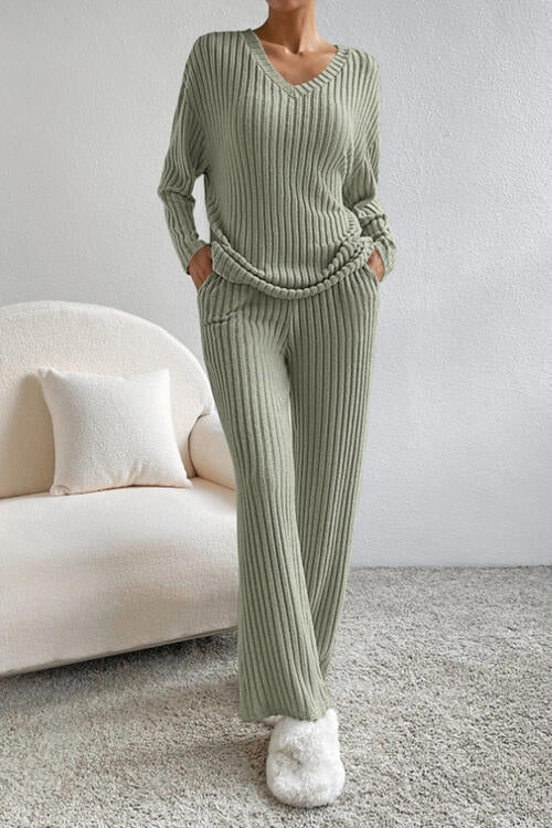 Ribbed V - Neck Top and Pants Set - Loungewear Set - Sage - Bella Bourget