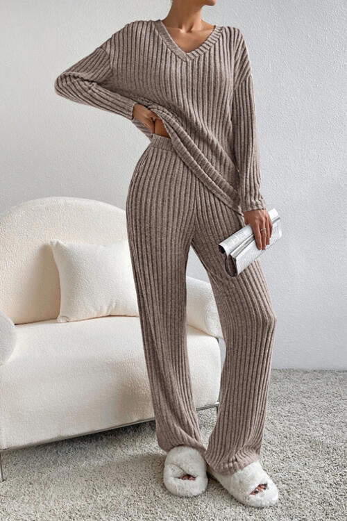 Ribbed V - Neck Top and Pants Set - Loungewear Set - Camel - Bella Bourget