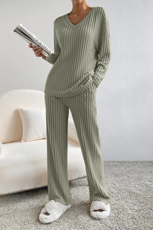 Ribbed V - Neck Top and Pants Set - Loungewear Set - Sage - Bella Bourget