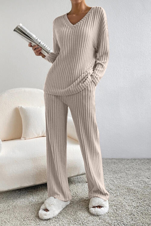 Ribbed V - Neck Top and Pants Set - Loungewear Set - Dust Storm - Bella Bourget