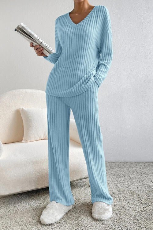 Ribbed V - Neck Top and Pants Set - Loungewear Set - Pastel Blue - Bella Bourget