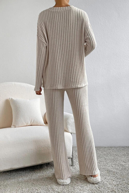 Ribbed V - Neck Top and Pants Set - Loungewear Set - Dust Storm - Bella Bourget