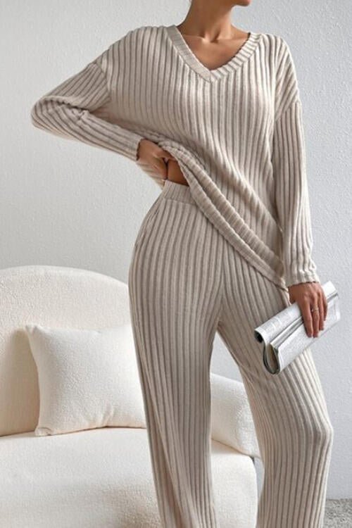 Ribbed V - Neck Top and Pants Set - Loungewear Set - Dust Storm - Bella Bourget