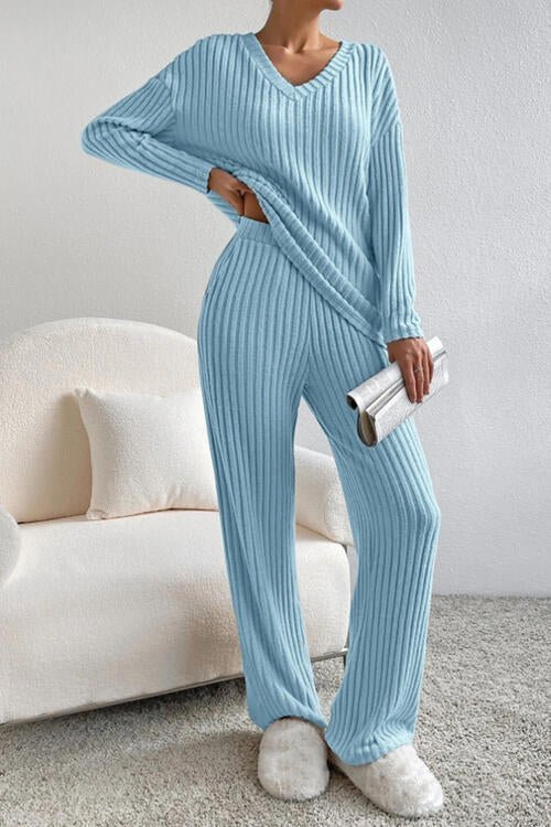 Ribbed V - Neck Top and Pants Set - Loungewear Set - Pastel Blue - Bella Bourget