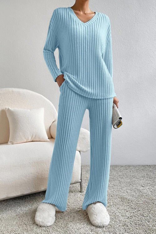 Ribbed V - Neck Top and Pants Set - Loungewear Set - Pastel Blue - Bella Bourget