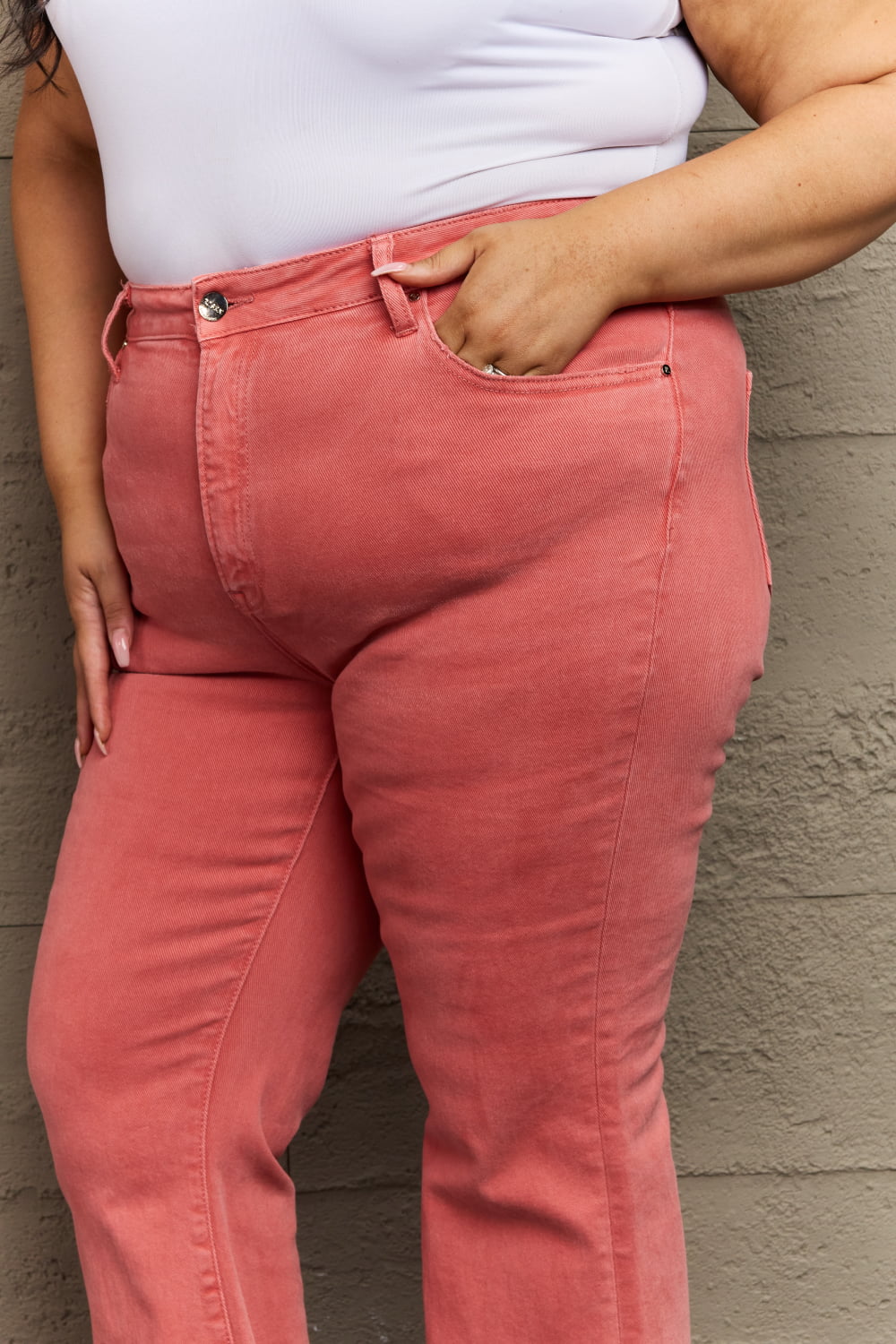 RISEN Bailey Full Size High Waist Side Slit Flare Jeans - Full Size Jeans - Coral - Bella Bourget