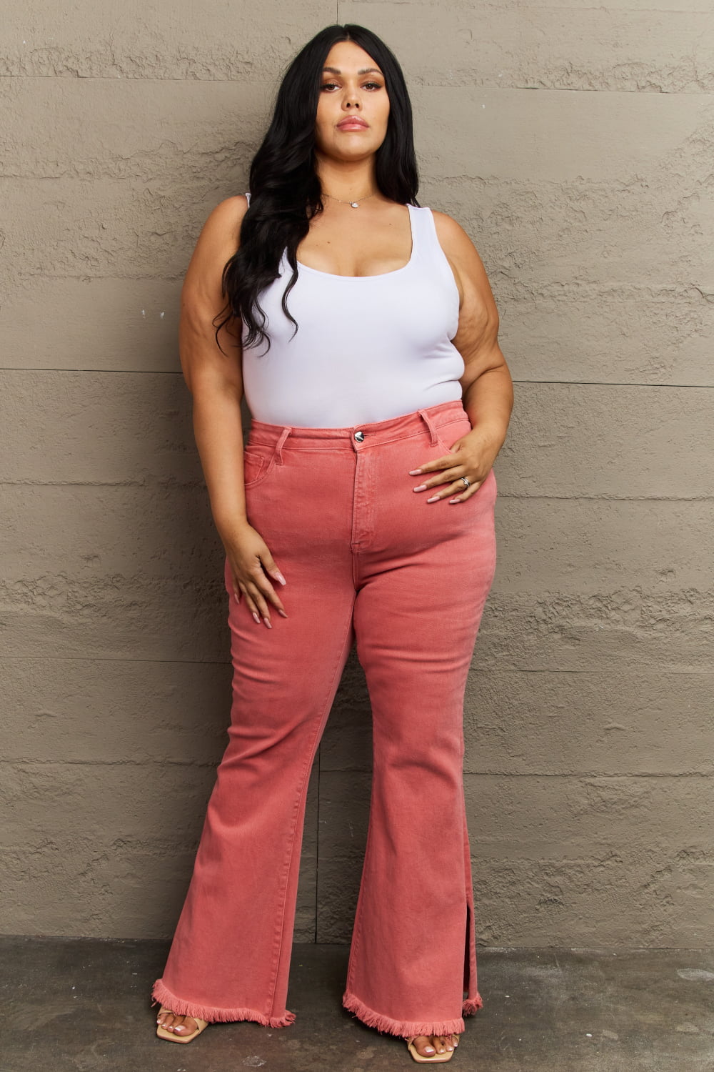 RISEN Bailey Full Size High Waist Side Slit Flare Jeans - Full Size Jeans - Coral - Bella Bourget