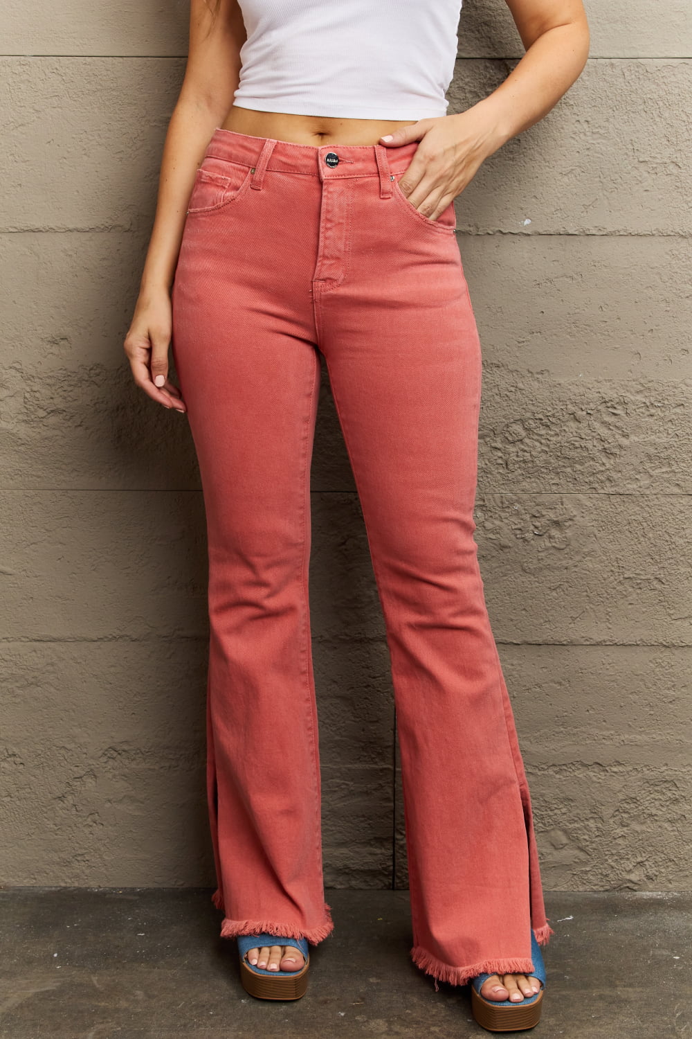 RISEN Bailey Full Size High Waist Side Slit Flare Jeans - Full Size Jeans - Coral - Bella Bourget