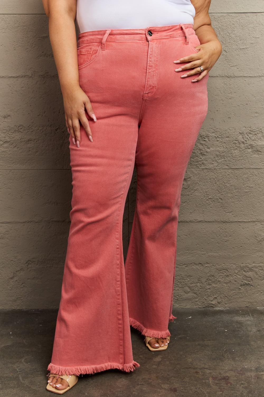 RISEN Bailey Full Size High Waist Side Slit Flare Jeans - Full Size Jeans - Coral - Bella Bourget