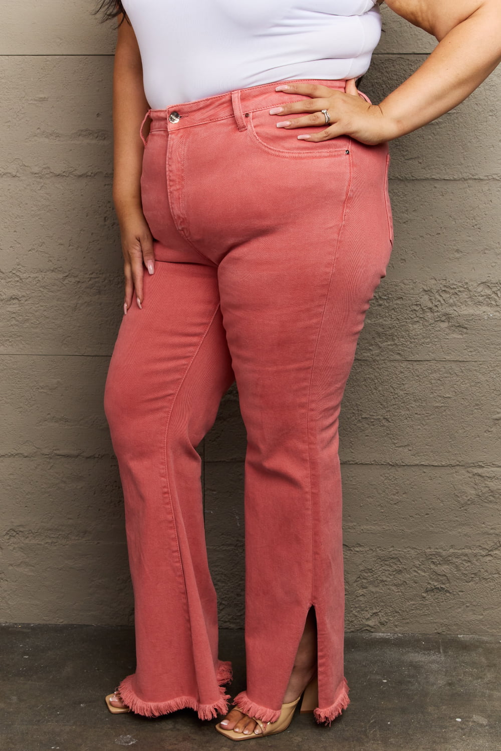 RISEN Bailey Full Size High Waist Side Slit Flare Jeans - Full Size Jeans - Coral - Bella Bourget