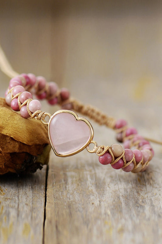 Rose Quartz Heart Beaded Bracelet - Bracelets - Dusty Pink - Bella Bourget