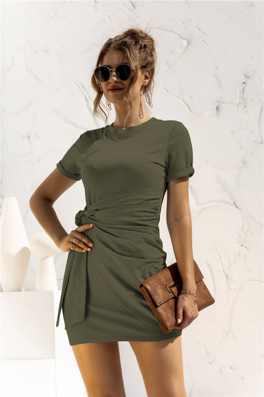 Round Neck Cuffed Sleeve Side Tie Dress - Dress - Army Green - Bella Bourget