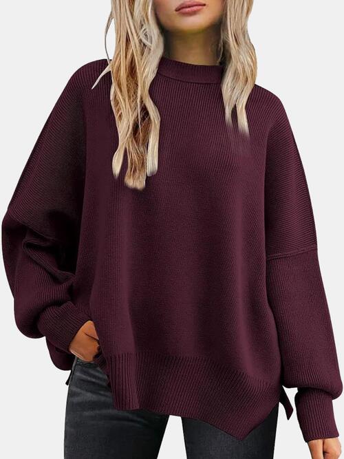 Round Neck Drop Shoulder Slit Sweater - Sweater - Wine - Bella Bourget