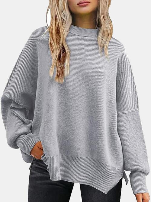 Round Neck Drop Shoulder Slit Sweater - Sweater - Charcoal - Bella Bourget