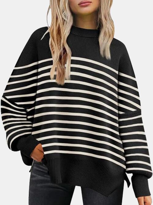 Round Neck Drop Shoulder Slit Sweater - Sweater - Black/White - Bella Bourget