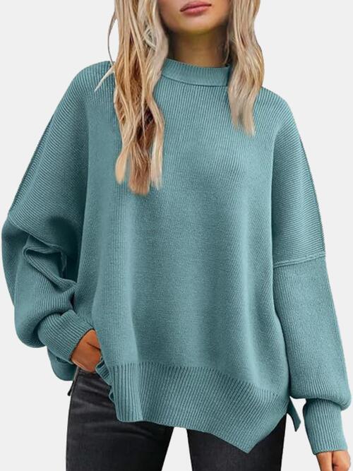 Round Neck Drop Shoulder Slit Sweater - Sweater - Turquoise - Bella Bourget