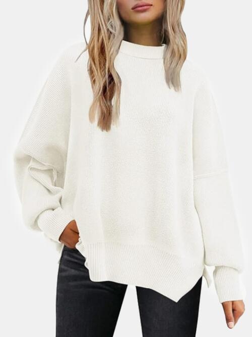 Round Neck Drop Shoulder Slit Sweater - Sweater - White - Bella Bourget