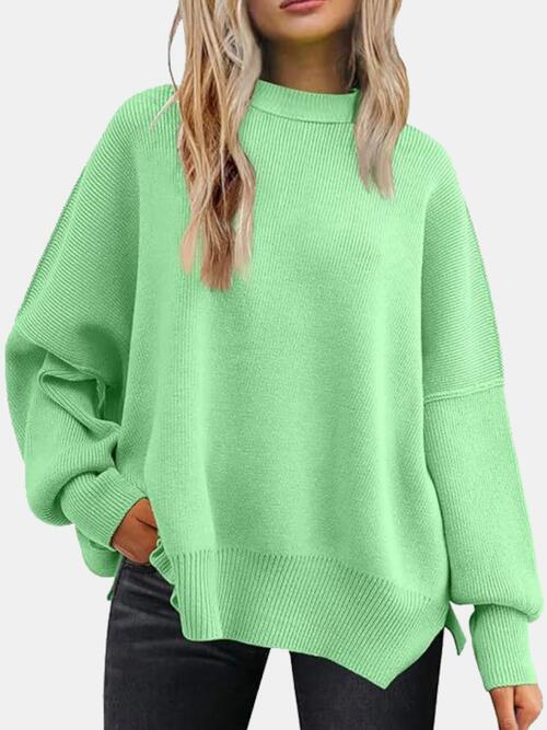 Round Neck Drop Shoulder Slit Sweater - Sweater - Mint Green - Bella Bourget