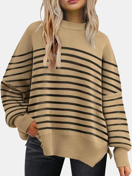 Round Neck Drop Shoulder Slit Sweater - Sweater - Camel - Bella Bourget