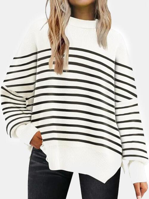 Round Neck Drop Shoulder Slit Sweater - Sweater - white stripes - Bella Bourget