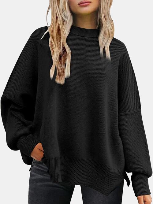 Round Neck Drop Shoulder Slit Sweater - Sweater - Black - Bella Bourget