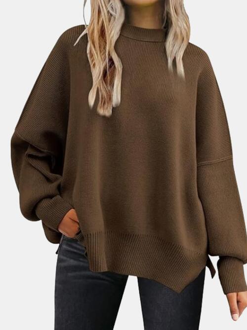 Round Neck Drop Shoulder Slit Sweater - Sweater - Chocolate - Bella Bourget