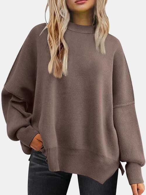 Round Neck Drop Shoulder Slit Sweater - Sweater - Coffee Brown - Bella Bourget