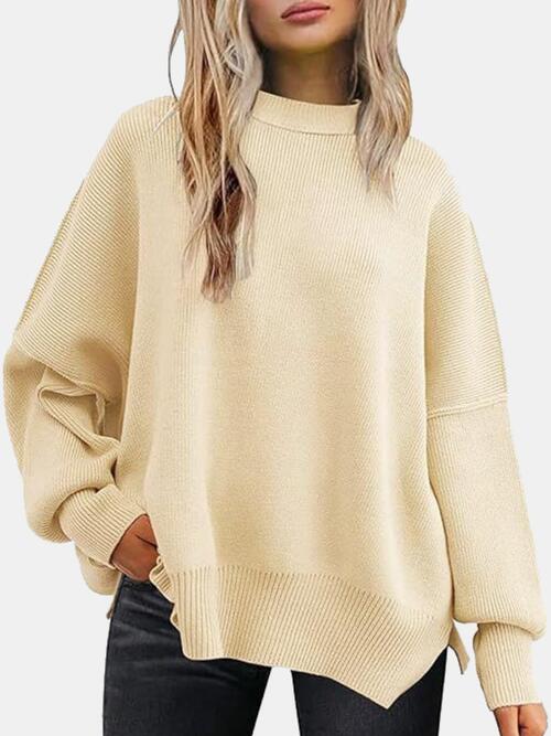 Round Neck Drop Shoulder Slit Sweater - Sweater - Ivory - Bella Bourget