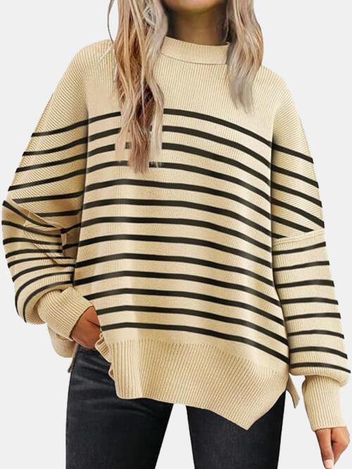 Round Neck Drop Shoulder Slit Sweater - Sweater - Apricot/Black - Bella Bourget